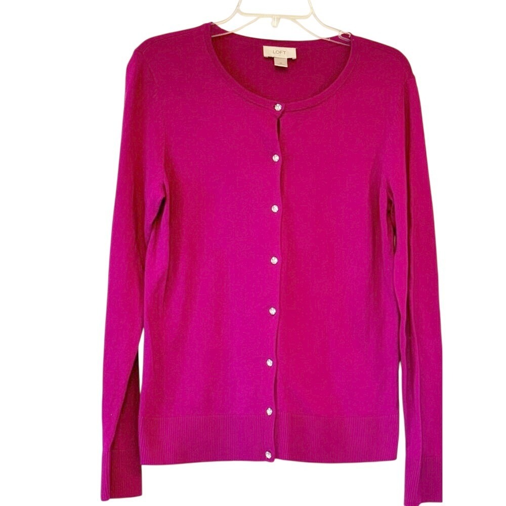 LOFT Womens Magenta Pink 100% Cotton Rhinestone Button Cardigan Sweater M